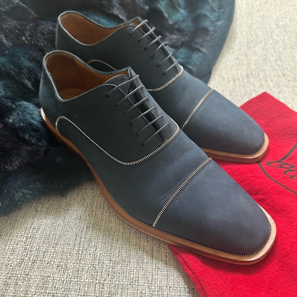 Elegant Black Leather flat Veau suede Oxford blue dress shoes